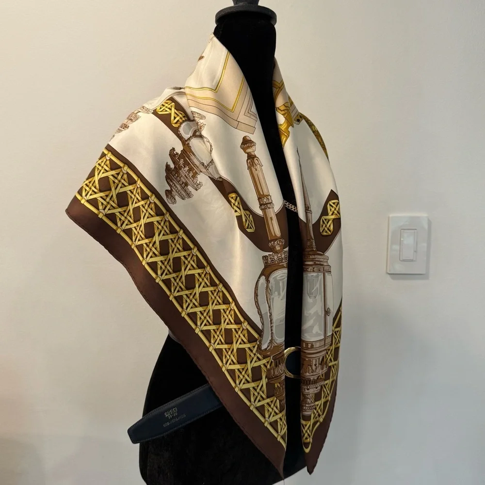 Hermes Paris Silk Scarf with Gold and Brown 34”